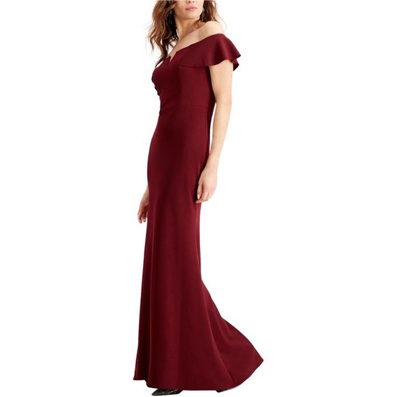 BETSY & ADAM Womens Color Block Off Shoulder Full-Length Formal Hi-Lo Dress